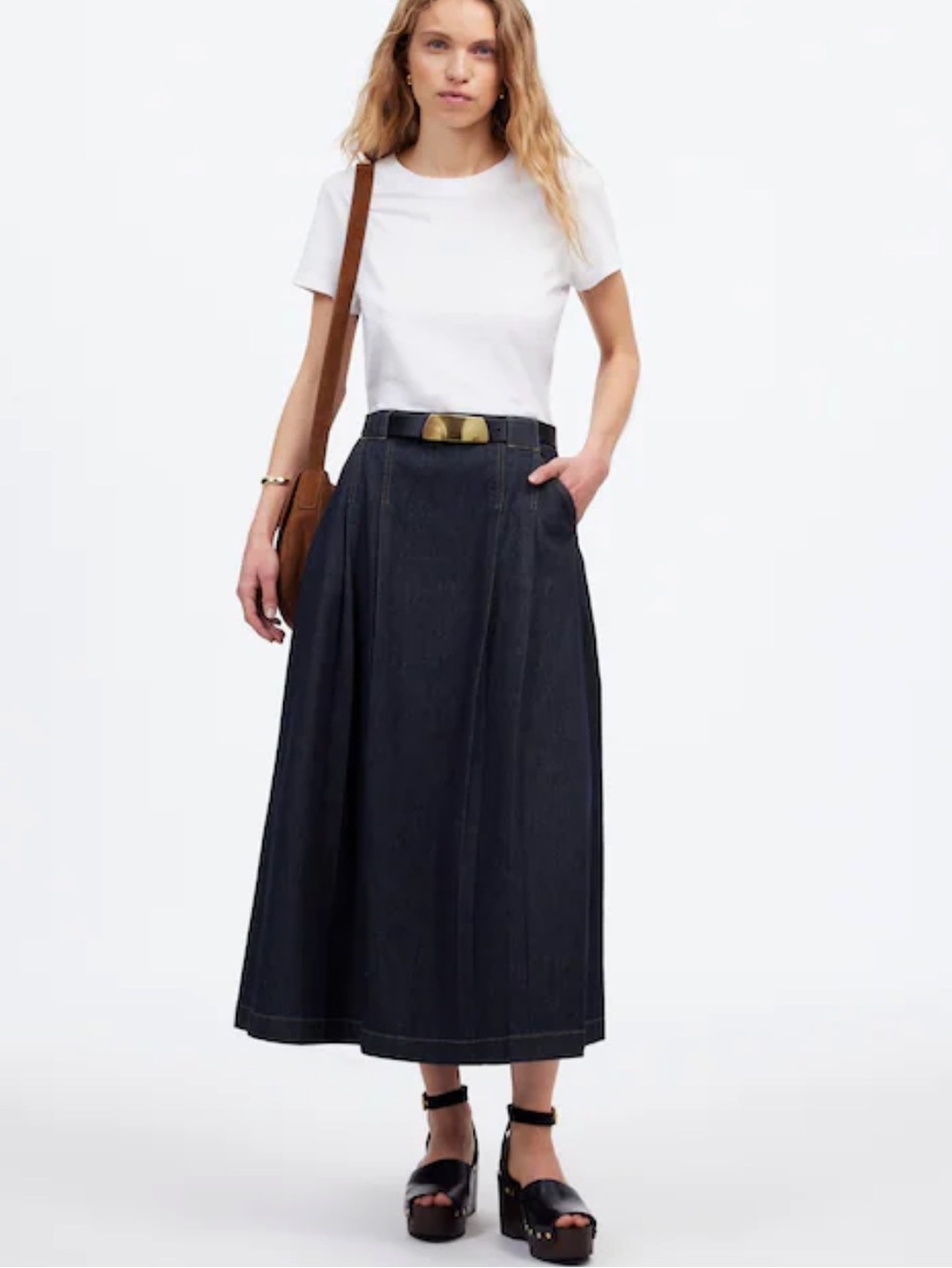 MADEWELL Pleated Denim Midi Skirt Dark Essex Wash Fit & Flare Academia Size 23